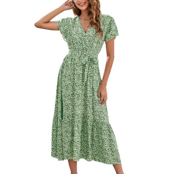 SWSMCLT Women's Short Sleeve Long Dress Flutter Sleeve Ruched Casual Peasant Floral V Neck Wrap Tie Waist Sundress Summer Holiday Beach Swing Tiered Pleated Ruffle Dresses Light Green Large