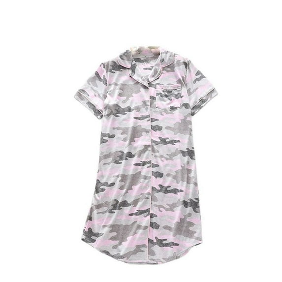 SWSMCLT Women's Short Sleeve Nightgown Cute Button Up Sleep Shirt Sleepwear Cotton Knee Length Nightshirt Summer Pink Camo Large
