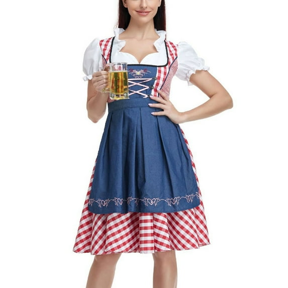 SWSMCLT Women's Short Sleeve Oktoberfest Dress Dirndl Dresses Sweetheart Neckline Outfits Puff Sleeve Zip Up Breathable Blue Red 8-10