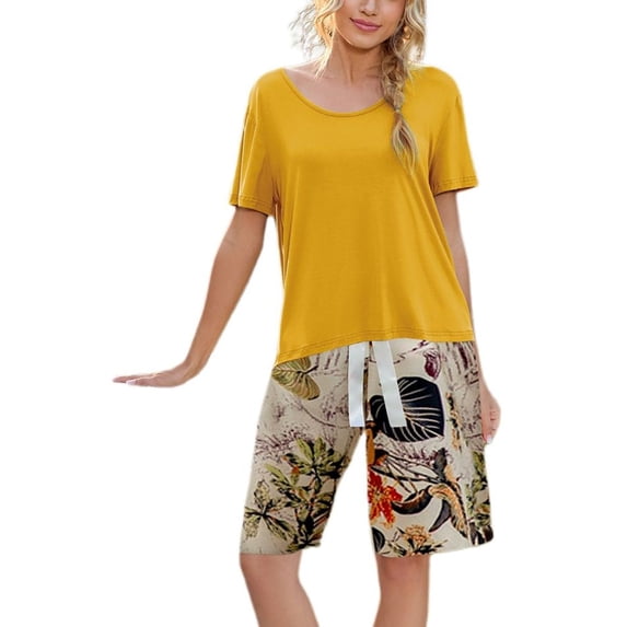 SWSMCLT Women's Short Sleeve Pajama Set Lounge Comfy Lounge Set Shorts 2 Piece Pajamas Summer Soft Fall Modal Yellow XX-Large