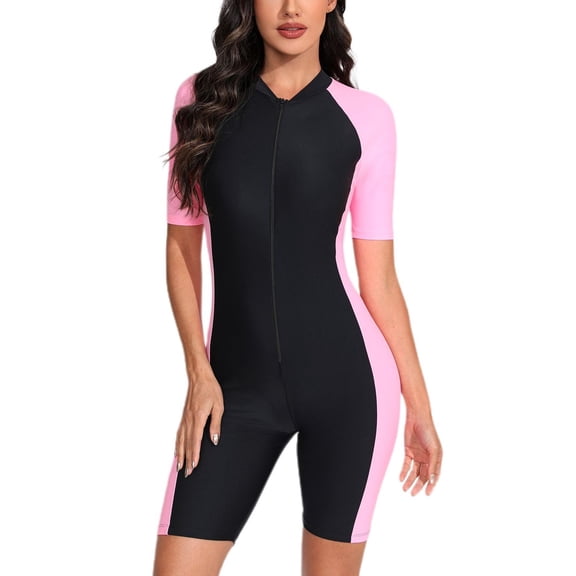 SWSMCLT Women's Short Sleeve Rash Guard Swimsuit Swimming Suit Summer Boyleg Modest Swimwear Contrast Color One Piece Full Zip Bathing Suit Beach Surf Zipper Front Pink 12