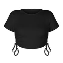 SWSMCLT Women's Short Sleeve Shirt Cute Sexy Soft Drawstring Lightweight Ribbed Short Crop Top T Shirt Fitted Yoga Black X-Large