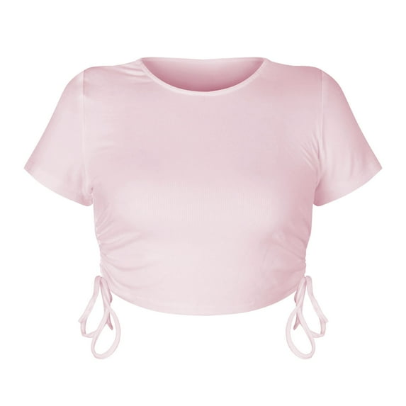SWSMCLT Women's Short Sleeve Shirt Cute Sexy Soft Drawstring Lightweight Ribbed Short Crop Top T Shirt Fitted Yoga Pink Medium