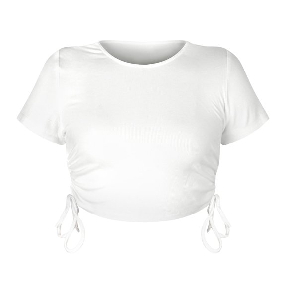 SWSMCLT Women's Short Sleeve Shirt Cute Sexy Soft Drawstring Lightweight Ribbed Short Crop Top T Shirt Fitted Yoga White X-Large