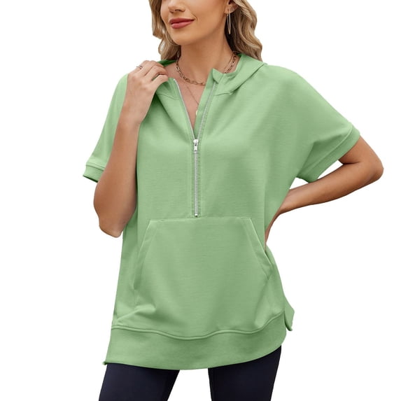 SWSMCLT Women's Short Sleeve Shirt Elasthane Hoodies Cozy Hooded Date Crew Neck Billowy Holiday Light Pull Over Kangaroo Pocket Green Small