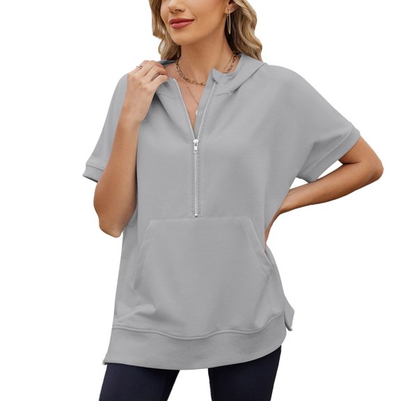 SWSMCLT Women's Short Sleeve Shirt Elasthane Hoodies Cozy Hooded Date Crew Neck Billowy Holiday Light Pull Over Kangaroo Pocket Grey Large