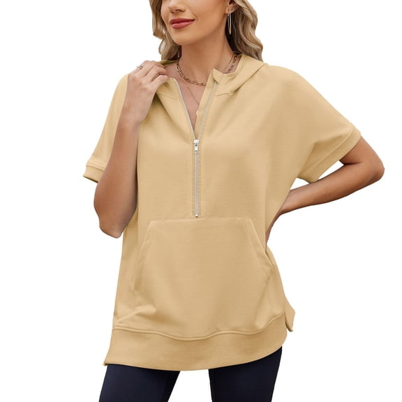 SWSMCLT Women's Short Sleeve Shirt Elasthane Hoodies Cozy Hooded Date Crew Neck Billowy Holiday Light Pull Over Kangaroo Pocket Yellow XX-Large