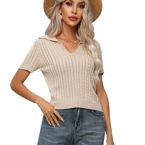 SWSMCLT Women's Short Sleeve Sweater Soft Elegant Pullover Sweaters Top Summer V Neck Fashion Fall Acrylic Khaki Small