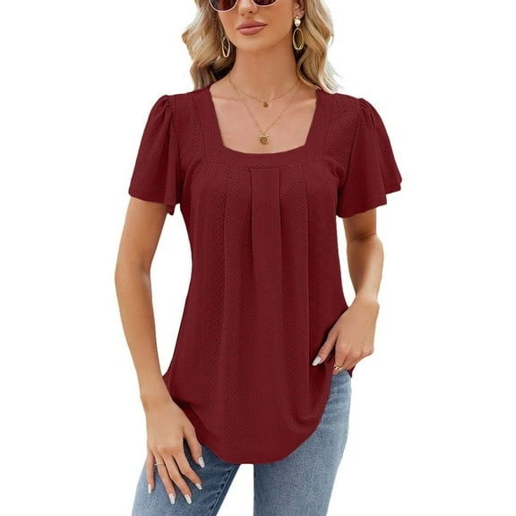 SWSMCLT Women's Short Sleeve T Shirt Square Neck Lightweight Thin Ruched Tee Shirt Soft Fashion Fall Summer Burgundy Small