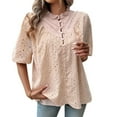 thumbnail image 1 of SWSMCLT Women's Short Sleeve Top Soft Casual Button Up Shirt Blouse Ruffle Puff Sleeve Embroidered Button Fall Apricot Large, 1 of 1
