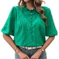 thumbnail image 1 of SWSMCLT Women's Short Sleeve Top Soft Casual Button Up Shirt Blouse Ruffle Puff Sleeve Embroidered Button Fall Green X-Large, 1 of 5