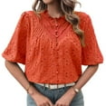 thumbnail image 1 of SWSMCLT Women's Short Sleeve Top Soft Casual Button Up Shirt Blouse Ruffle Puff Sleeve Embroidered Button Fall Orange Medium, 1 of 1