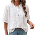 thumbnail image 1 of SWSMCLT Women's Short Sleeve Top Soft Casual Button Up Shirt Blouse Ruffle Puff Sleeve Embroidered Button Fall White X-Large, 1 of 5