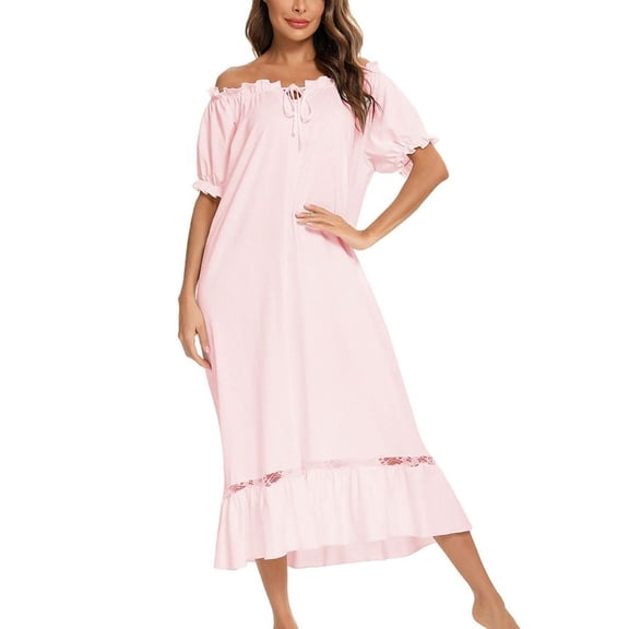 SWSMCLT Women's Short Sleeve Victorian Nightgown Comfy Falbala Calf Length Night Gown Vintage Princess Pajamas Cute Sleeping Ruffle Pink Medium