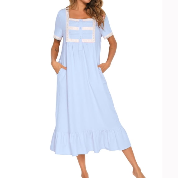 SWSMCLT Women's Short Sleeve Victorian Vintage Nightgown Lace Soft Comfy Long Cool Fall Sleepwear Summer Pjs Princess Sky Blue Medium