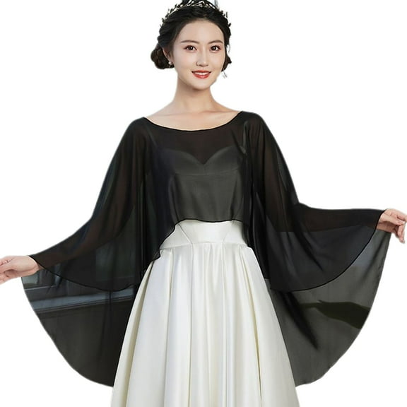 SWSMCLT Women's Shrug Sheer Top Soft Capelet Chiffon Boat Neck Long Winter Wedding Loose Cape High Low Summer Poncho Black One Size