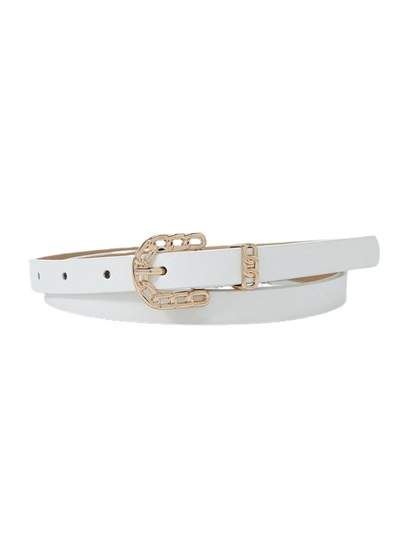 Women's Skinny Faux Leather Cutout Slimming Buckle Belt For Dress Metal Thin Belt PU Elegant Thin D Ring White One Size
