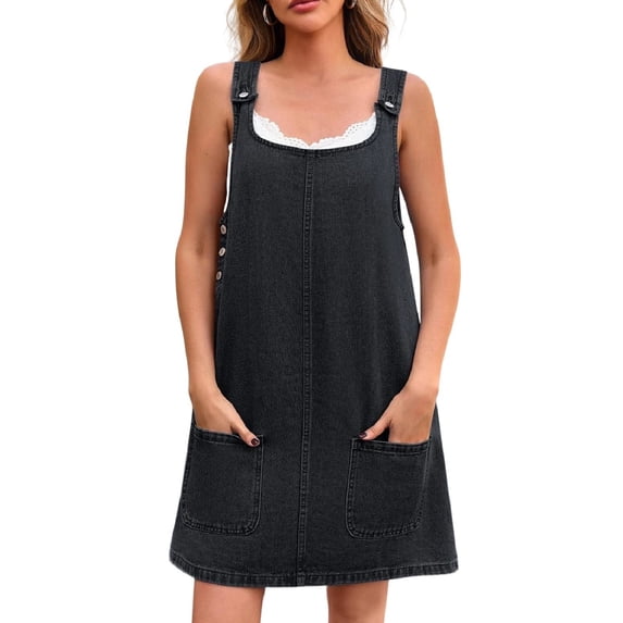 SWSMCLT Women's Sleeveless Denim Overall Dress Jean Jumper Dresses Black X-Large