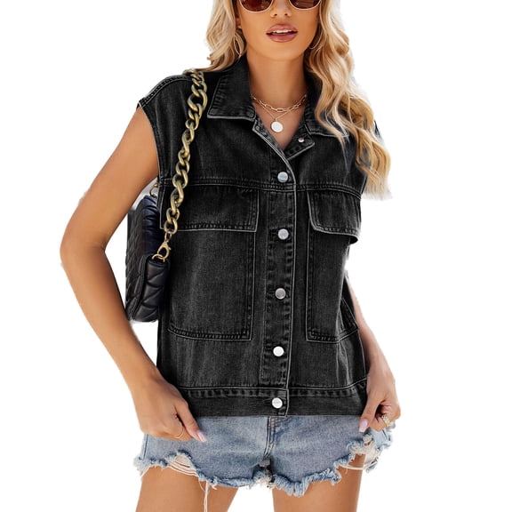 SWSMCLT Women's Sleeveless Denim Vest Fall Loose Fit Jean Jackets Fashion Vests Tank Top Button Down Travel Spring Collar Pocket Oversized Black Large
