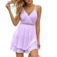 thumbnail image 1 of SWSMCLT Women's Sleeveless Dress Summer Sexy Beach Party Crochet See Through Waist Ruffle Layered Swiss Dot Sundress Deep V Neck Wrap Dresses Backless violet 4-6, 1 of 1