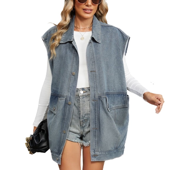 SWSMCLT Women's Sleeveless Jean Vest Jacket Baggy Denim Vest Fall Top Loose Fit Fashion Button Down Oversized Pockets Collared Blue Small