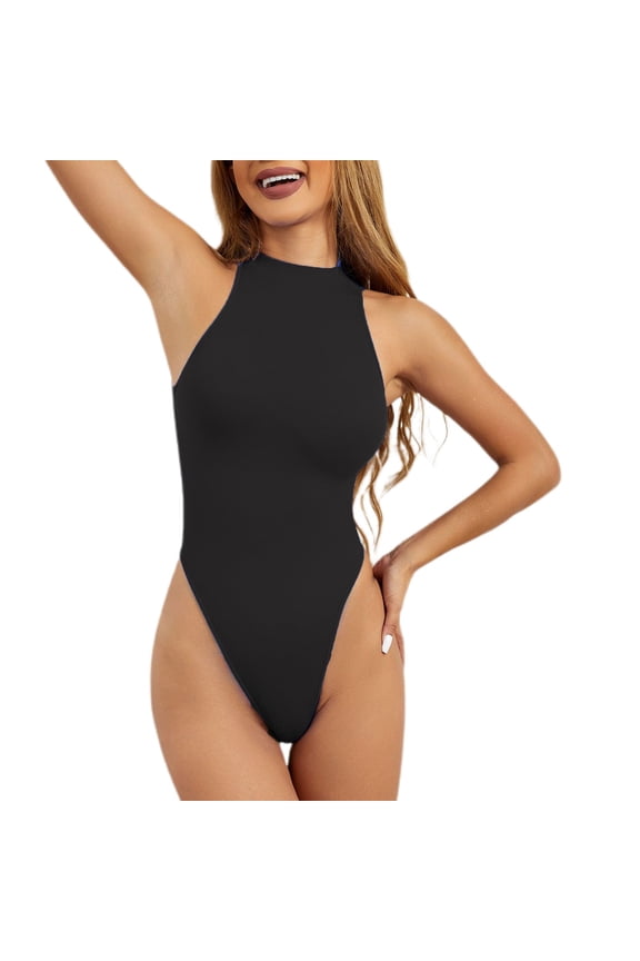 Women's Sleeveless Thong Bodysuit Top Slimming Body Shaper Shapewear Stretch Ribbed Knit Date Night Out Tank Fashion Soft Halter Neck Black XX-Large