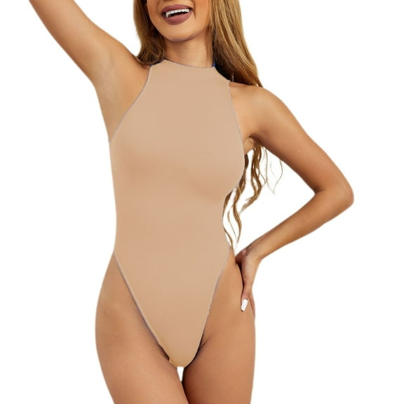 SWSMCLT Women's Sleeveless Thong Bodysuit Top Slimming Body Shaper Shapewear Stretch Ribbed Knit Date Night Out Tank Fashion Soft Halter Neck Nude Large