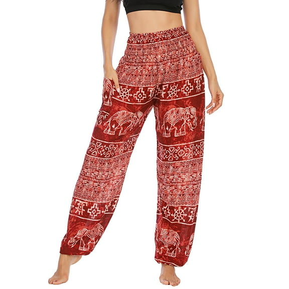 SWSMCLT Women's Smocked Waist Yoga Pant Boho Elastic Waist Harem Pants Tapered Leg Elephant Printed Bohemian Hippie Cinch Bottom Thai Indian Jogger Red One Size