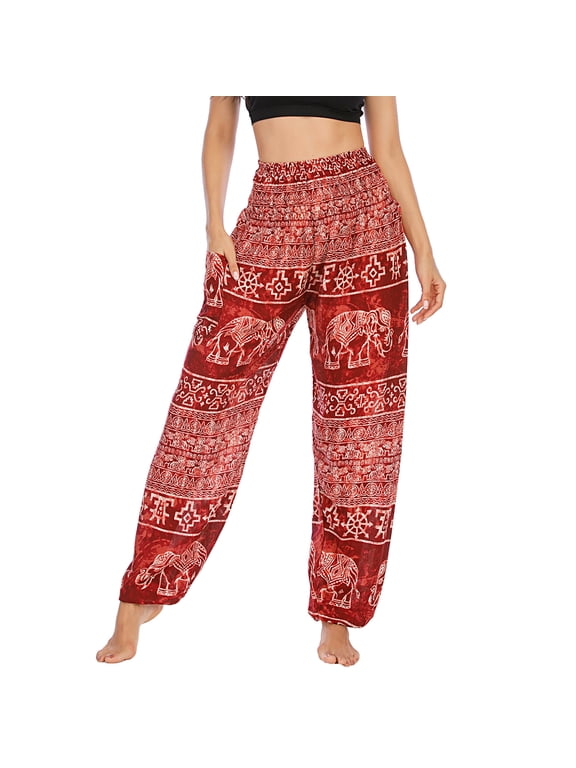 Women's Smocked Waist Yoga Pant Boho Elastic Waist Harem Pants Tapered Leg Elephant Printed Bohemian Hippie Cinch Bottom Thai Indian Jogger Red One Size