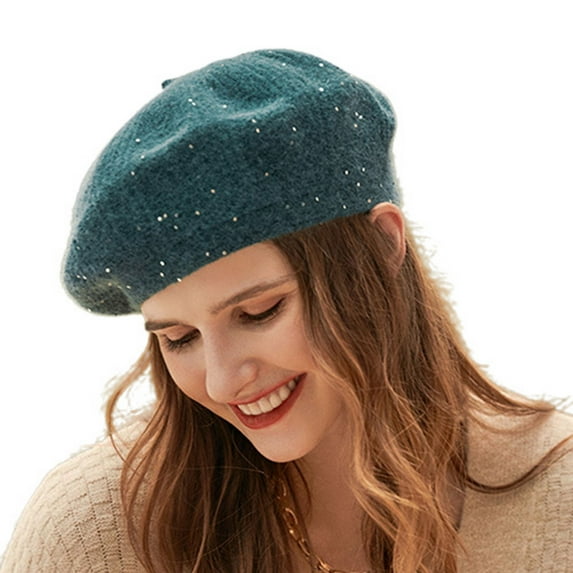 SWSMCLT Women's Snow Party Basic Beret Hat Winter Hat Rhinestone Cap Knit Green One Size