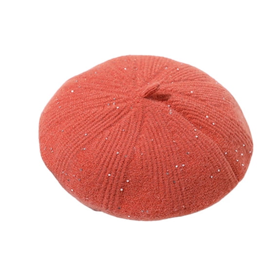 SWSMCLT Women's Snow Party Basic Beret Hat Winter Hat Rhinestone Cap Knit Orange One Size