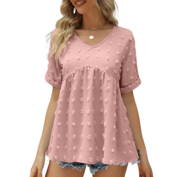 SWSMCLT Women's Soft Blouse Deep V Neck Top Fashion Fall Slim Fit Shirt Chiffon Short Sleeve Cuffed Sleeve T Shirt Dark Pink Large