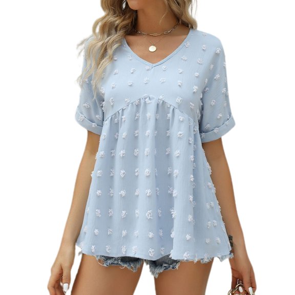 SWSMCLT Women's Soft Blouse Deep V Neck Top Fashion Fall Slim Fit Shirt Chiffon Short Sleeve Cuffed Sleeve T Shirt Light Blue Large