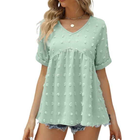 SWSMCLT Women's Soft Blouse Deep V Neck Top Fashion Fall Slim Fit Shirt Chiffon Short Sleeve Cuffed Sleeve T Shirt Light Green Medium