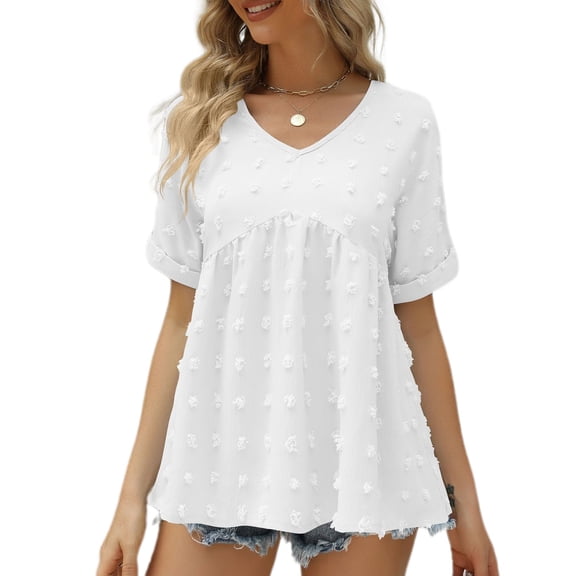 SWSMCLT Women's Soft Blouse Deep V Neck Top Fashion Fall Slim Fit Shirt Chiffon Short Sleeve Cuffed Sleeve T Shirt White Medium