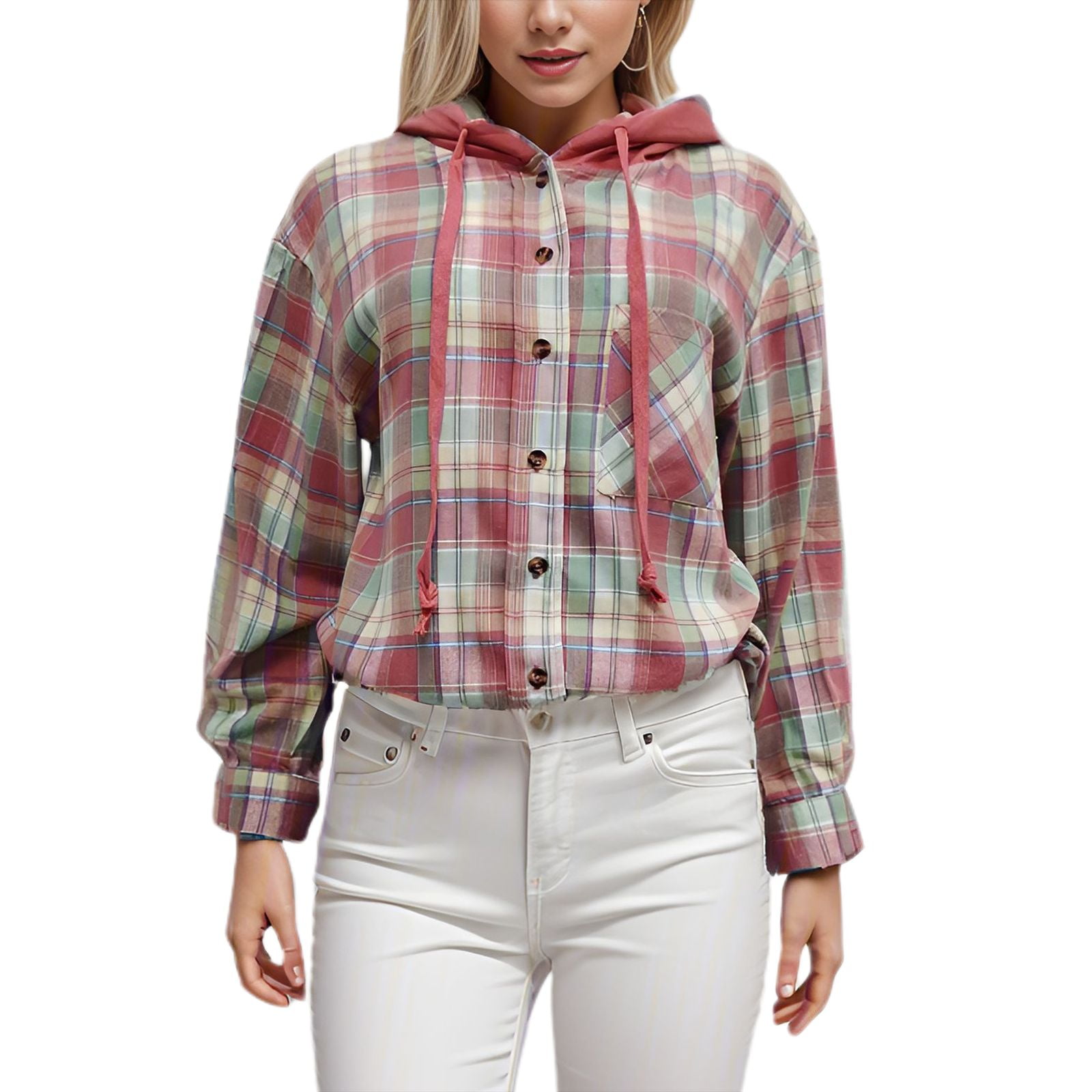 SWSMCLT Women's Soft Hoodie Fall Button Down Shirt Plaid Printed Cotton ...