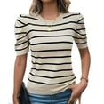 thumbnail image 1 of SWSMCLT Women's Soft Knit Tshirt Striped Puff Sleeve Casual Crewneck Knitted Tee Top Short Sleeve Sweater Fall Fashion Cute Loose Spring Apricot Medium, 1 of 5