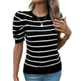 thumbnail image 1 of SWSMCLT Women's Soft Knit Tshirt Striped Puff Sleeve Casual Crewneck Knitted Tee Top Short Sleeve Sweater Fall Fashion Cute Loose Spring Black Medium, 1 of 5