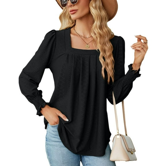 SWSMCLT Women's Soft Long Sleeve Blouse Summer Fall Top Tunics Casual Loose T Shirt Lightweight Square Neck Bishop Sleeve Black Medium
