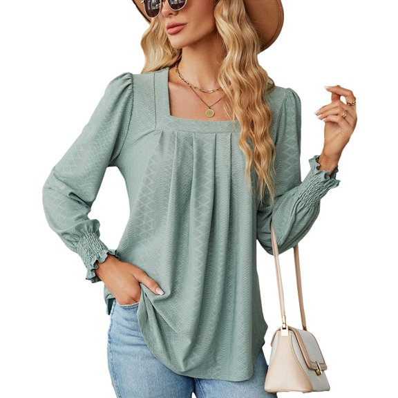 SWSMCLT Women's Soft Long Sleeve Blouse Summer Fall Top Tunics Casual Loose T Shirt Lightweight Square Neck Bishop Sleeve Green XX-Large