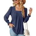 thumbnail image 1 of SWSMCLT Women's Soft Long Sleeve Blouse Summer Fall Top Tunics Casual Loose T Shirt Lightweight Square Neck Bishop Sleeve Navy XX-Large, 1 of 5