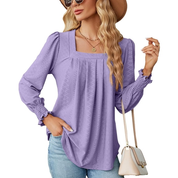 SWSMCLT Women's Soft Long Sleeve Blouse Summer Fall Top Tunics Casual Loose T Shirt Lightweight Square Neck Bishop Sleeve Purple XX-Large