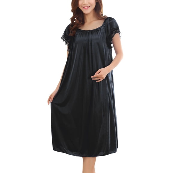 SWSMCLT Women's Soft Nightgown Silky Pajamas Raglan Sleeve Cute Smooth Loungewear Comfy Sleeping Cool Oversized Black Small-XX-Large