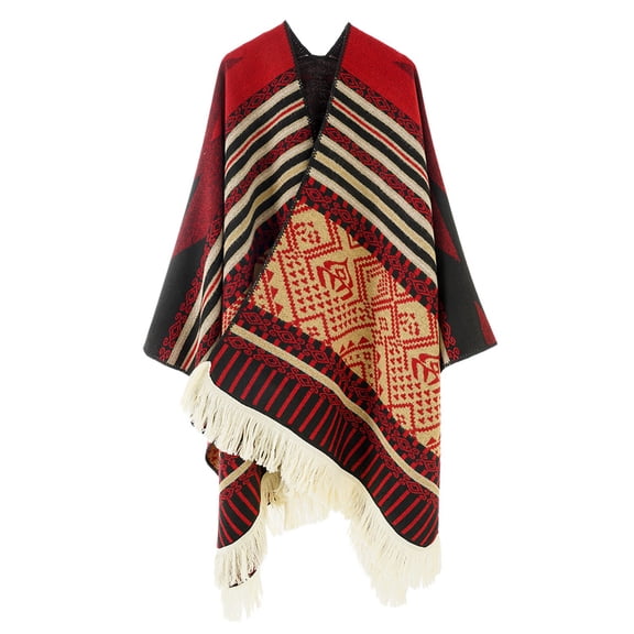 SWSMCLT Women's Soft Poncho Cape Open Front Top Fringe Knit Elegant Winter Warm Oversized Pull On Fall Old Fashioned Red One Size