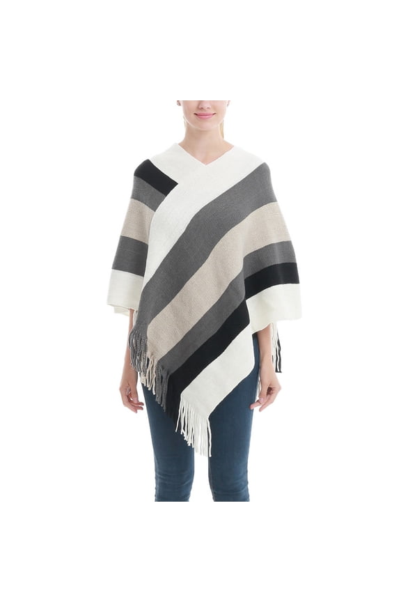 Women's Soft Poncho Shawl Fashion Capelet Knit Fall Date Night Mid Thigh V Neck Fringe Pull On Oversized Cape White One Size