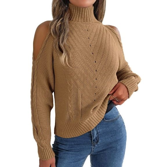 SWSMCLT Women's Soft Pullover Sweater Long Sleeve High Neck Loose Top Knitwear Knitted Off The Shoulder Fashion Khaki Large