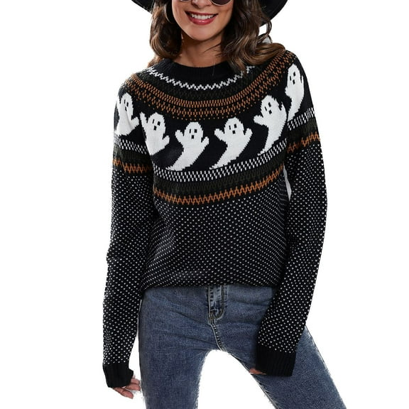 SWSMCLT Women's Soft Pullover Sweater Long Sleeve Knitted Holiday Knitwear Halloween Warm Halloween Fall Vintage Casual Loose Black 12-14