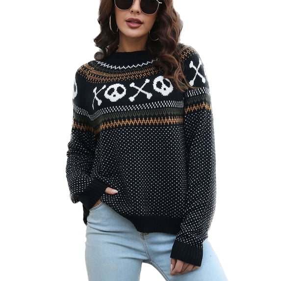 SWSMCLT Women's Soft Pullover Sweater Long Sleeve Knitted Holiday Knitwear Halloween Warm Halloween Fall Vintage Casual Loose Black1 8-10