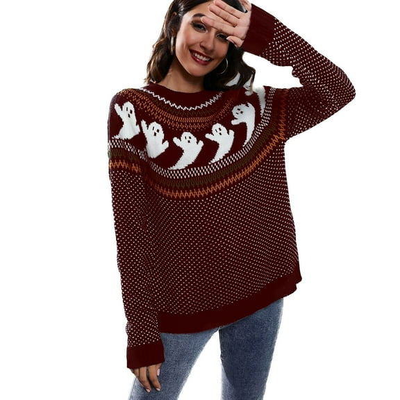 SWSMCLT Women's Soft Pullover Sweater Long Sleeve Knitted Holiday Knitwear Halloween Warm Halloween Fall Vintage Casual Loose Burgundy 18