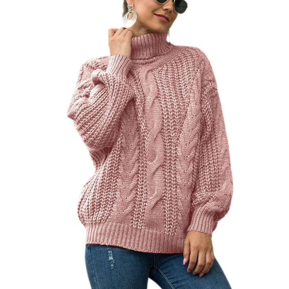 SWSMCLT Women's Soft Pullover Sweater Long Sleeve Winter Drop Shoulder Knitwear Top High Neck Cable Knit Warm Holiday Spring Pink 12